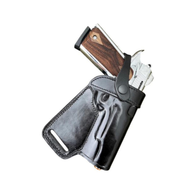 Black Leather Small of Back Holster With Retention Strap
