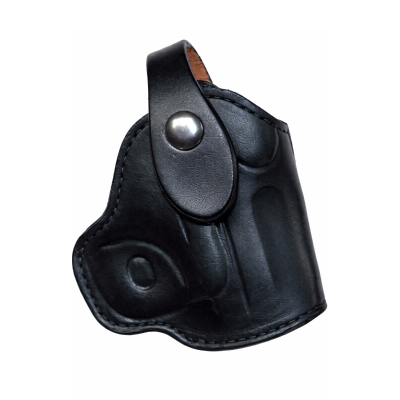Black Leather Thumb Break Holster – front view – smooth black leather belt holster with snap retention strap