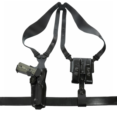 Black Leather Vertical Shoulder Holster System showing premium steerhide harness, vertical holster, and double magazine carrier