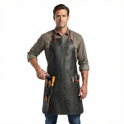 Black Top Grain Leather Workshop Apron With Tool Pockets