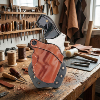 Brown Open-Top Revolver Paddle Holster with Tension Screw