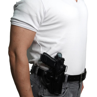 Black Leather Shoulder And Belt Holster With Double Mag Pouch