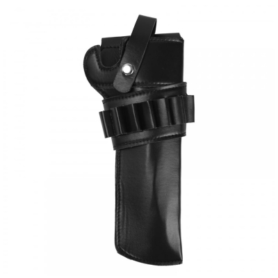 Black revolver holster front view with snap strap and cartridge loops