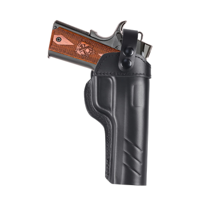 Black Leather Trail Holster With Thumb Break side view showing full carry profile and molded leather body