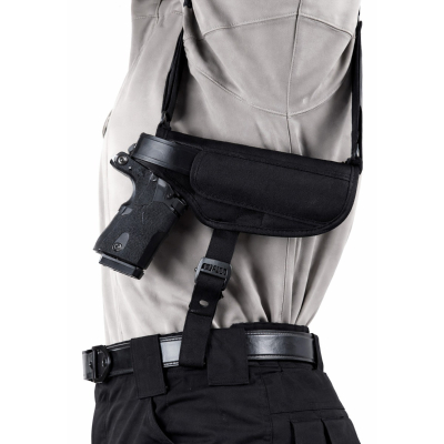 Black Nylon Horizontal Shoulder Holster worn on body showing side carry profile and adjustable support strap
