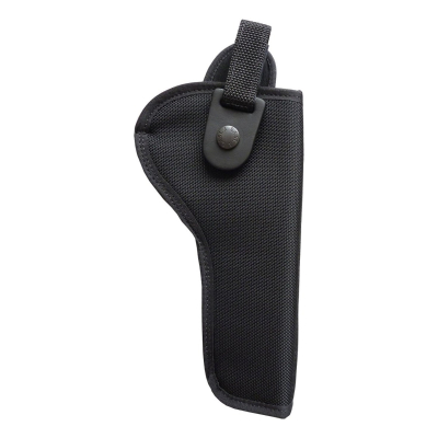 Black nylon thumb break revolver holster front view with snap retention strap and reinforced edge trim