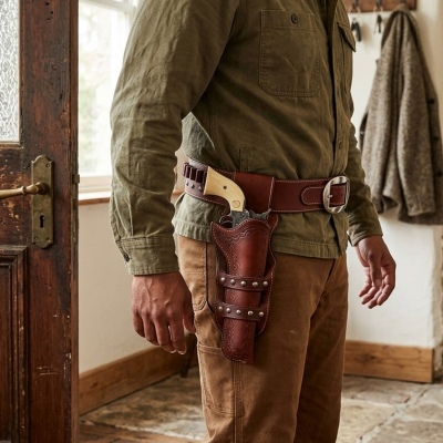 Brown Western Leather Revolver Holster Belt with Cartridge Loops