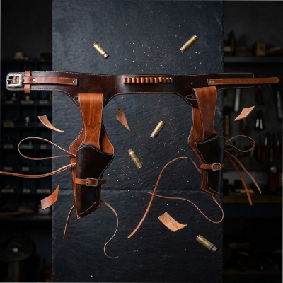 Brown Western Leather Double Revolver Holster Belt with Ammo Loops