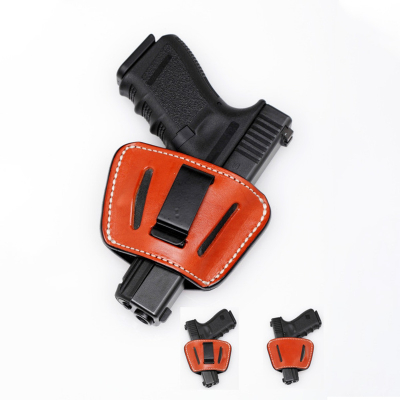 Brown Leather Ambidextrous Belt Slide Holster showing metal clip and dual belt slots