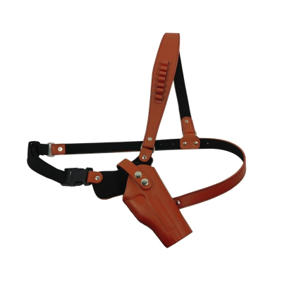 Brown leather chest carry holster with adjustable cross body strap for hunting and outdoor use