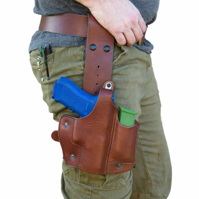 Brown Leather Drop Leg Holster with Integrated Magazine Pouch