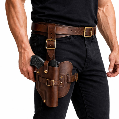 Handcrafted Brown Leather Drop Leg Hunting Holster