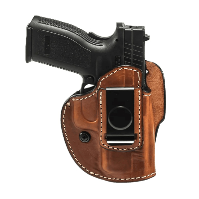 Brown leather four way open top hunting holster front view with belt clip