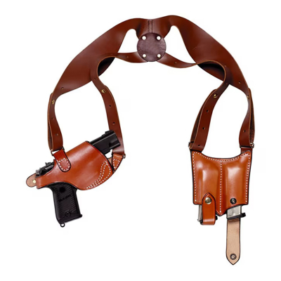 Brown leather horizontal shoulder holster with double mag carrier and adjustable harness