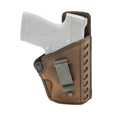 Brown Leather IWB Holster With Belt Clip distressed brown leather holster with raised backing and metal clip