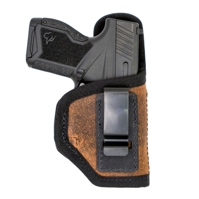 Brown Leather IWB Holster With Protective Backing showing brown leather body, black trim, and metal belt clip