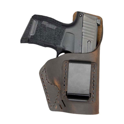 Brown Leather IWB Holster With Adjustable Cant side profile showing raised backing and discreet carry design