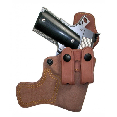 Brown Leather IWB Holster With Dual Mag Pouch – front view – integrated double magazine carrier