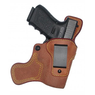 Brown Leather IWB Tail Gunner Holster – front view – stabilizer wing and steel clip