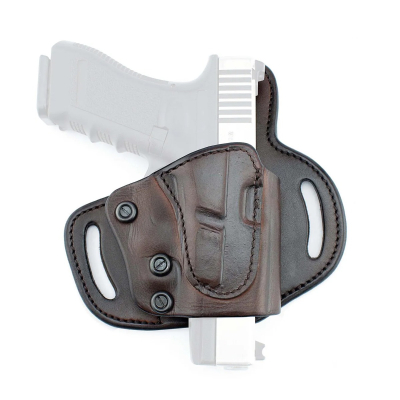 Brown Leather OWB Belt Holster Quick Draw front view showing molded leather body and open top design