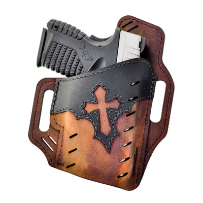 Brown Leather OWB Holster With Arc Panel showing dual tone leather body and belt slide slots