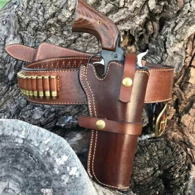 Brown Leather Western Revolver Holster With Cartridge Belt