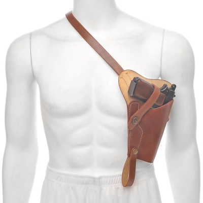Brown Leather Shoulder Holster With Built-In Mag Pouch