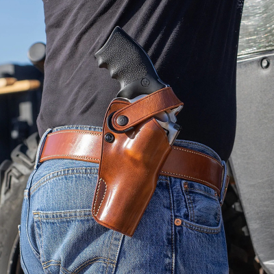 Brown Leather Strongside Belt Holster with Retention Strap