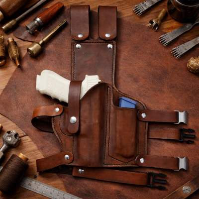 Brown Leather Tactical Drop Leg Holster with Magazine Holder