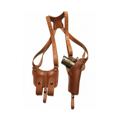 Brown premium leather vertical shoulder carry holster with adjustable harness and magazine pouch