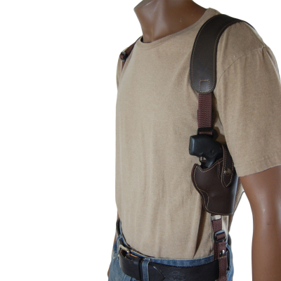 Brown Leather Vertical Shoulder Holster With Speed Loader Pouch