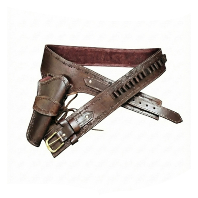 Brown leather western gun belt with holster and ammo loops on white background