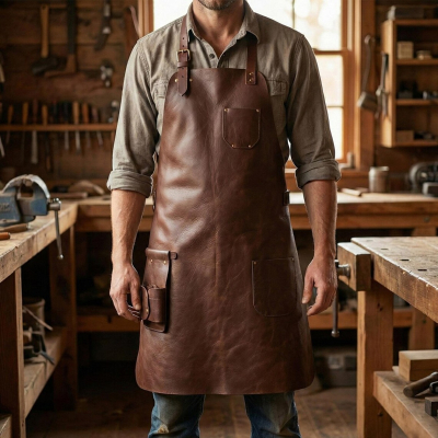 Brown Top Grain Leather Workshop Apron With Tool Pockets