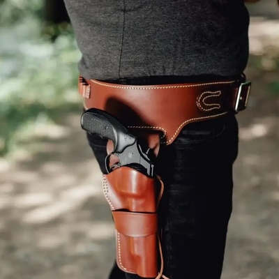 Brown Western Leather Revolver Holster Belt with Cartridge Loops