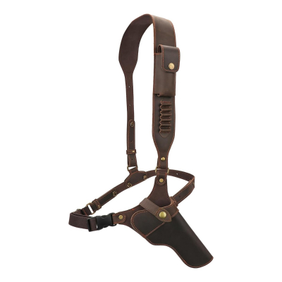 Brown Leather Chest Rig Holster front view showing shoulder harness, holster, and ammo holder