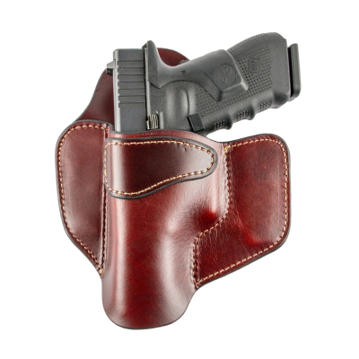 Burgundy Leather OWB Pancake Holster front view with molded leather body and wide belt wings