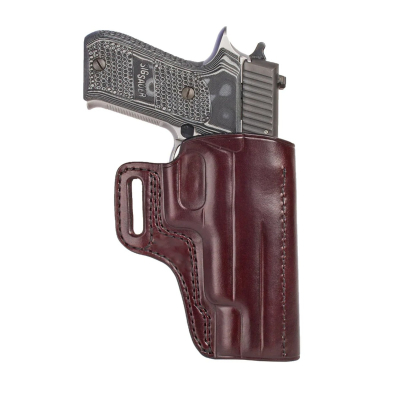 Burgundy Leather OWB Sport Holster front view showing straight drop profile and molded leather body