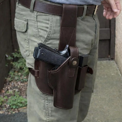 Dark Brown Leather Drop Leg Holster with Magazine Pouch angled front view