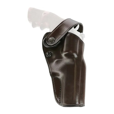 Dark brown leather strongside belt holster with retention strap and molded fit