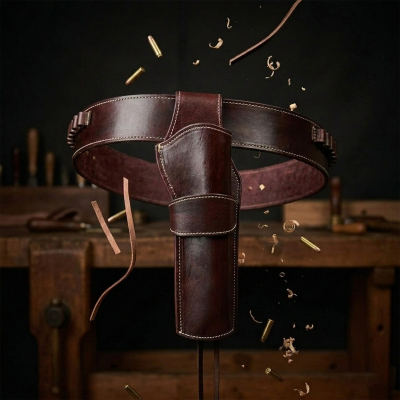 Brown Western Leather Revolver Holster Belt with Cartridge Loops