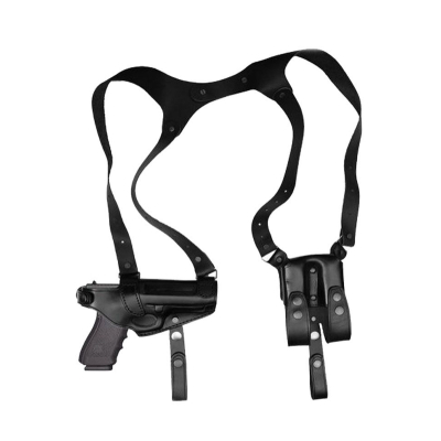 Premium Black Leather Horizontal Shoulder Holster – Double Mag Pouch