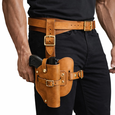 Handcrafted Tan Leather Drop Leg Hunting Holster