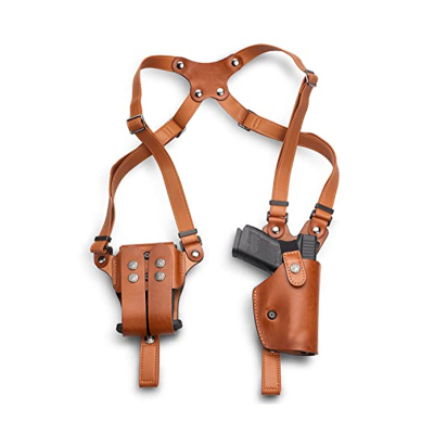 Handmade Tan Leather Vertical Shoulder Holster – Double Mag Pouch