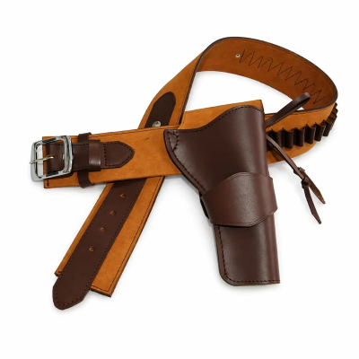 Handmade Western Leather Belt Holster – brown leather front view with side holster and looped belt detail