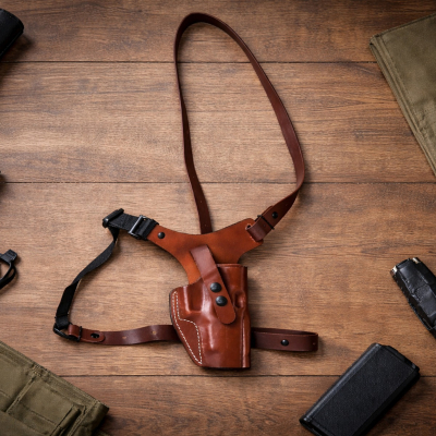 Hybrid Leather Chest Rig Holster laid flat on a wooden surface showing brown leather holster body and adjustable harness