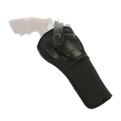 Hybrid switchback OWB revolver holster front view showing retention strap