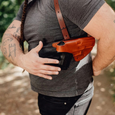 Brown Leather Horizontal Shoulder Holster – Double Mag, Thumb-Break (OWB Convertible)