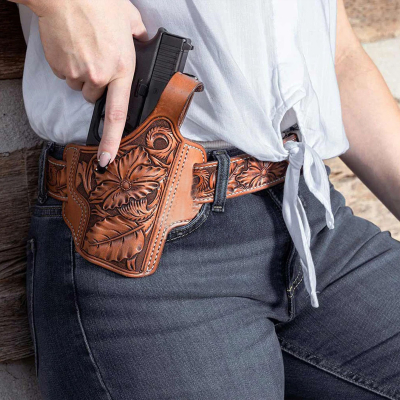 Floral Hand-Carved Leather Gun Holster – OWB Western Holster for Perfect Fit and Security with Reinforced Steel Thumb Break