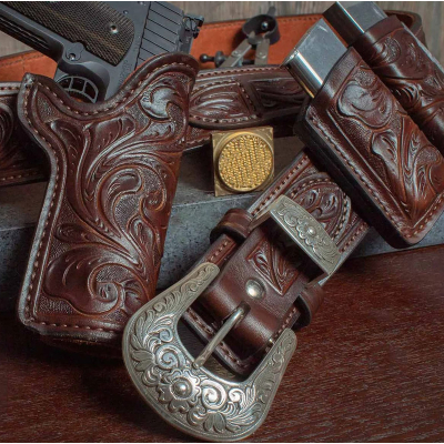 Custom Deputy Marshal Floral Hand-Carved Leather Gun Belt – Open Top OWB Western Holster with Double Carry Magazine Pouch