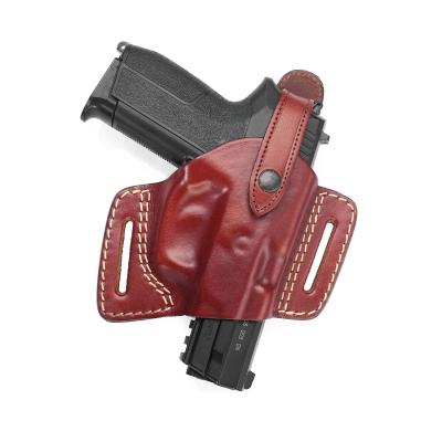 Handcrafted High-Ride OWB Leather Gun Holster - Custom Molded Brown Leather Holster for Perfect Fit and Security with Reinforced Steel Thumb Break